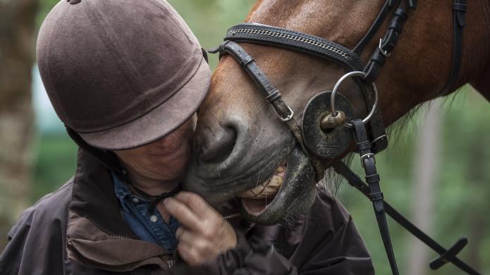 Een ruiter knuffelt met haar paard