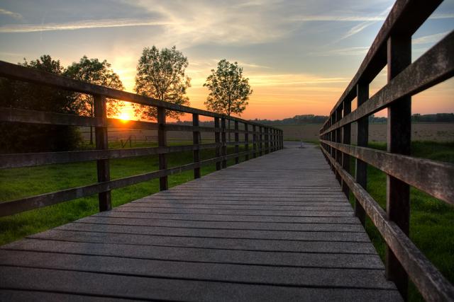 Een houten brug: de fietsbrug in Melick, met op de achtergrond gras, bomen en een zonsopkomst of zonsonderang.