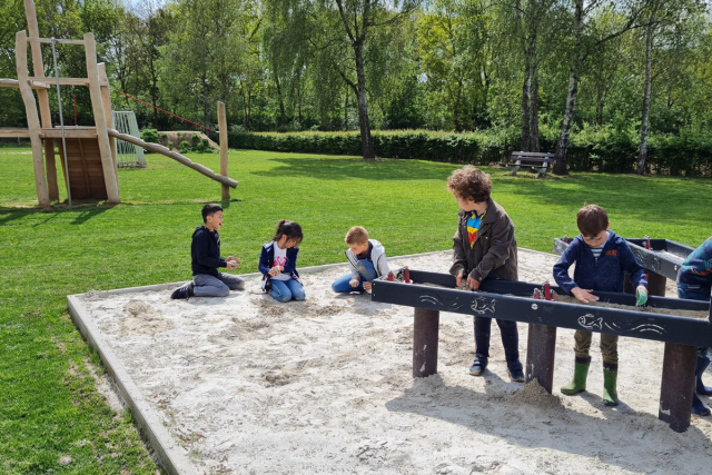 We zien vijf kinderen spelen in de zandbak en bij de zandtafel in speeltuin 't Vinkenes in Posterholt. Op de achtergrond zien we een klimrek, gras en bomen.