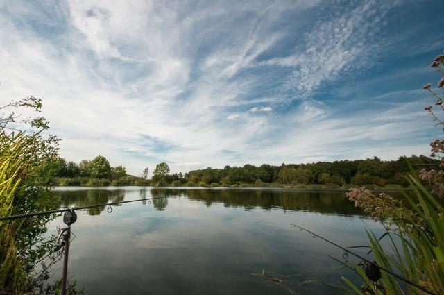 We zien een panorama-landschap met op de voorgrond tot aan de horizon water: visvijver de groene beek. op de voorgrond zien we twee vishengels. Op de horizon zien we bomen. De lucht is blauw en er is lichte sluierbewolking te zien.